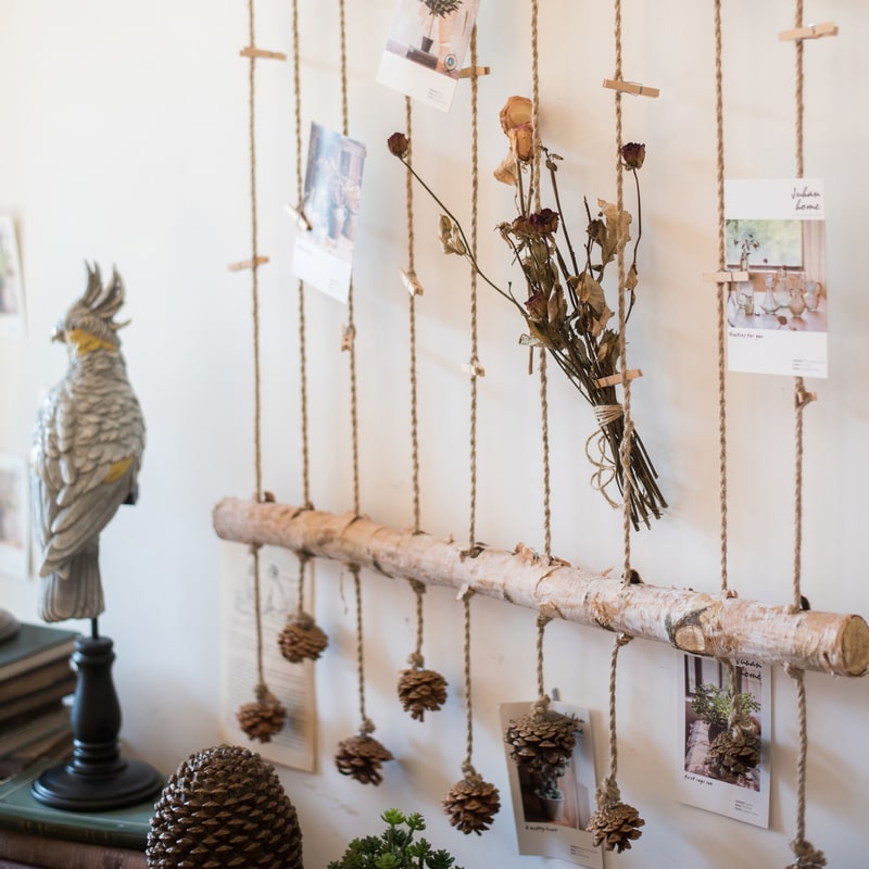 Birch Wood Photo Wall Hanger featuring natural wood, hemp rope, and pine cones, showcasing a rustic and stylish design.