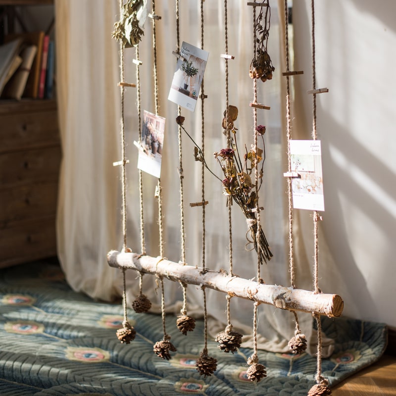 Birch Wood Photo Wall Hanger featuring natural wood, hemp rope, and pine cones, showcasing a rustic and stylish design.