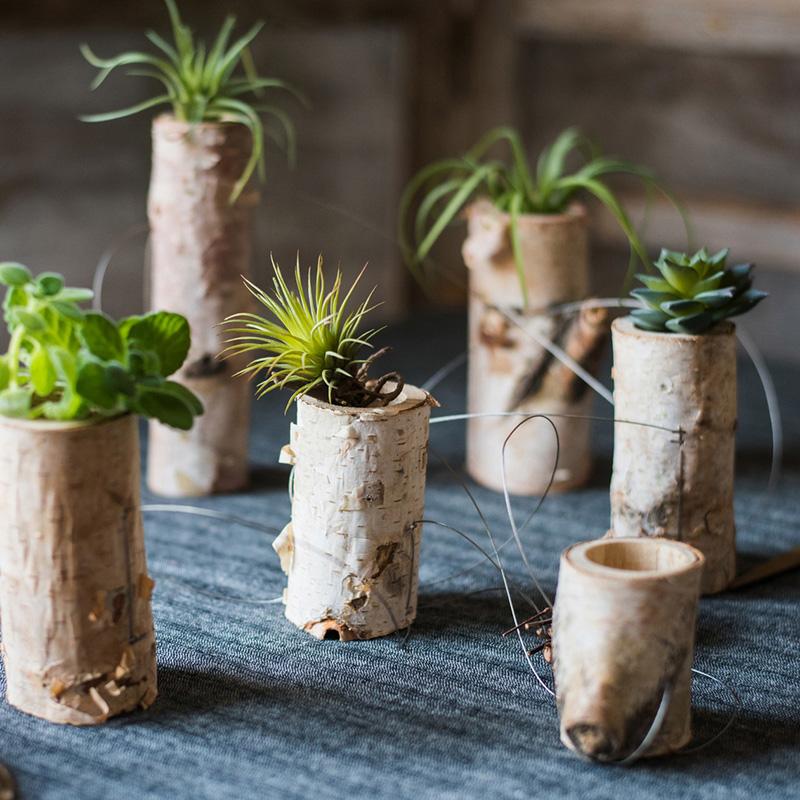 Birch wood tiny planter string hanging planter decoration with three planters in natural khaki color, showcasing a stylish indoor plant display.