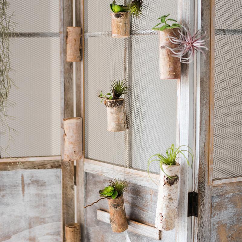 Birch wood tiny planter string hanging planter decoration with three planters in natural khaki color, showcasing a stylish indoor plant display.