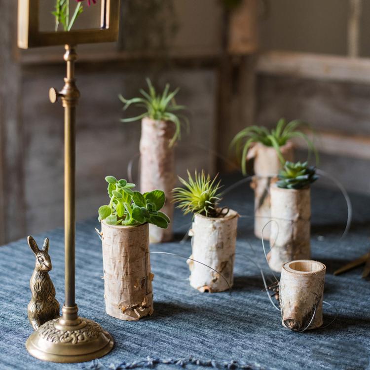 Birch wood tiny planter string hanging planter decoration with three planters in natural khaki color, showcasing a stylish indoor plant display.