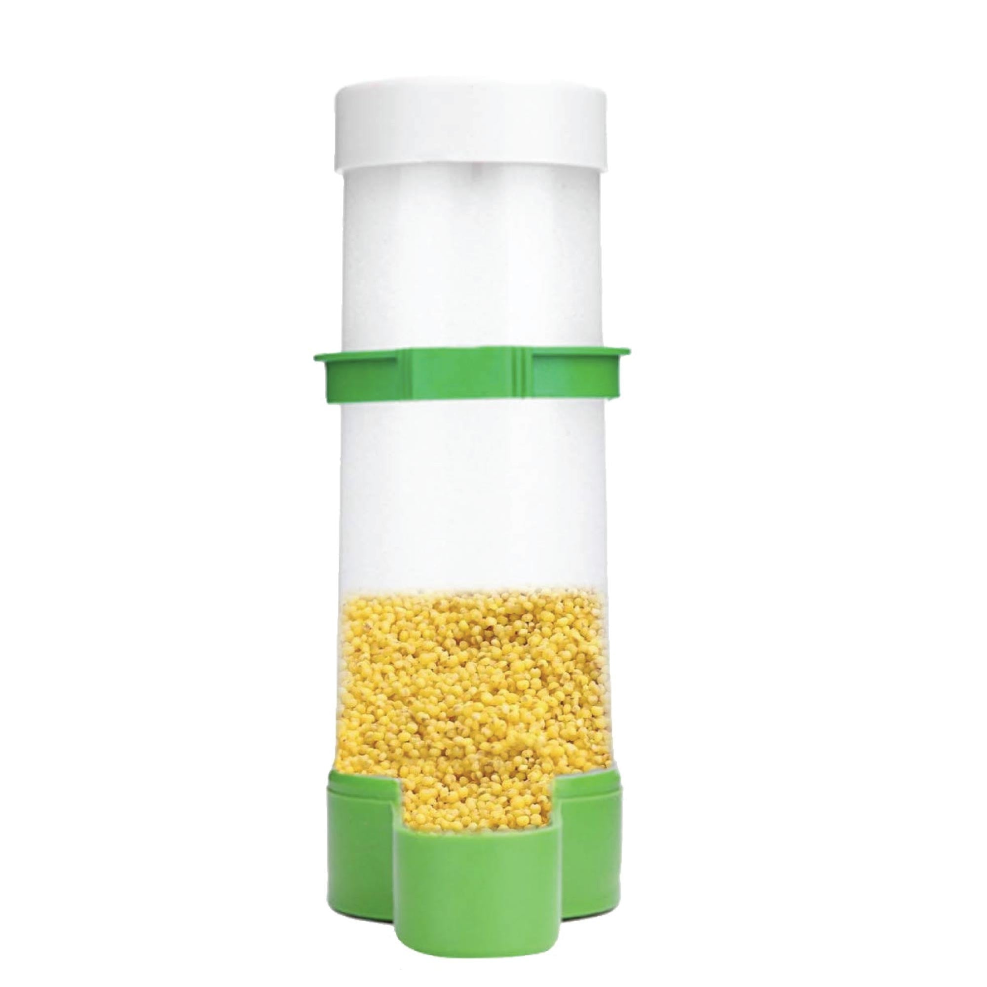 Automatic bird cage food dispenser for parrots and budgies, featuring a durable plastic design with large grazing trays.