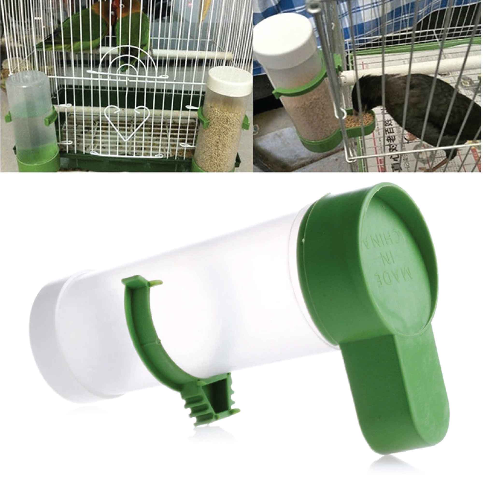 Automatic bird cage food dispenser for parrots and budgies, featuring a durable plastic design with large grazing trays.