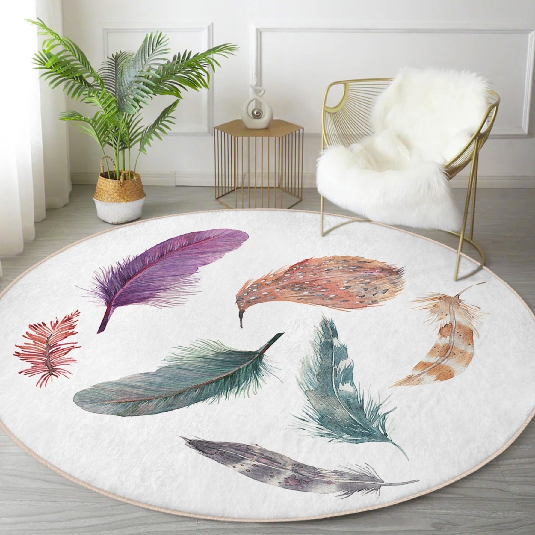 Bird Feather Modern Home Rug featuring vibrant colors and soft velvet fabric, ideal for home decor.