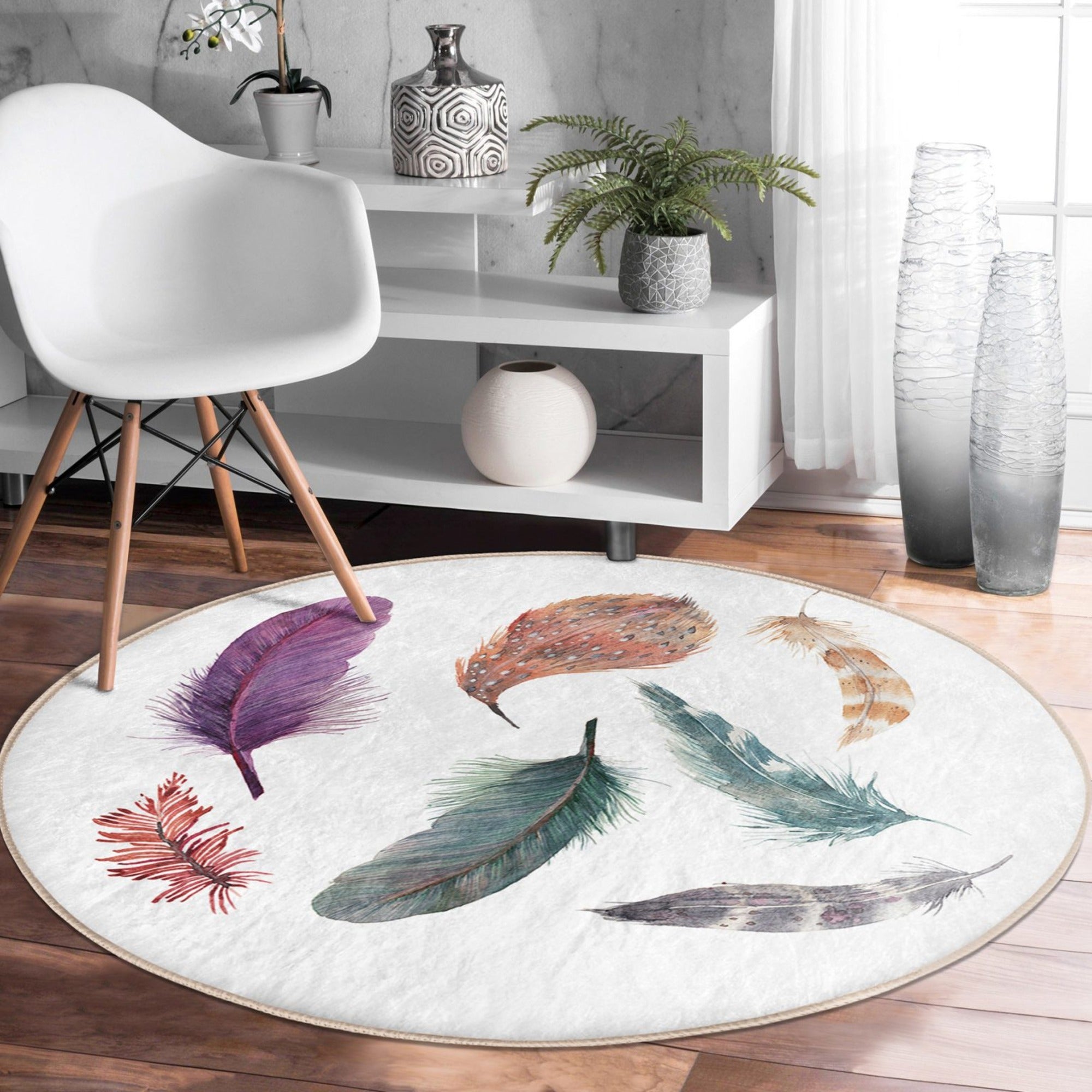 Bird Feather Modern Home Rug featuring vibrant colors and soft velvet fabric, ideal for home decor.