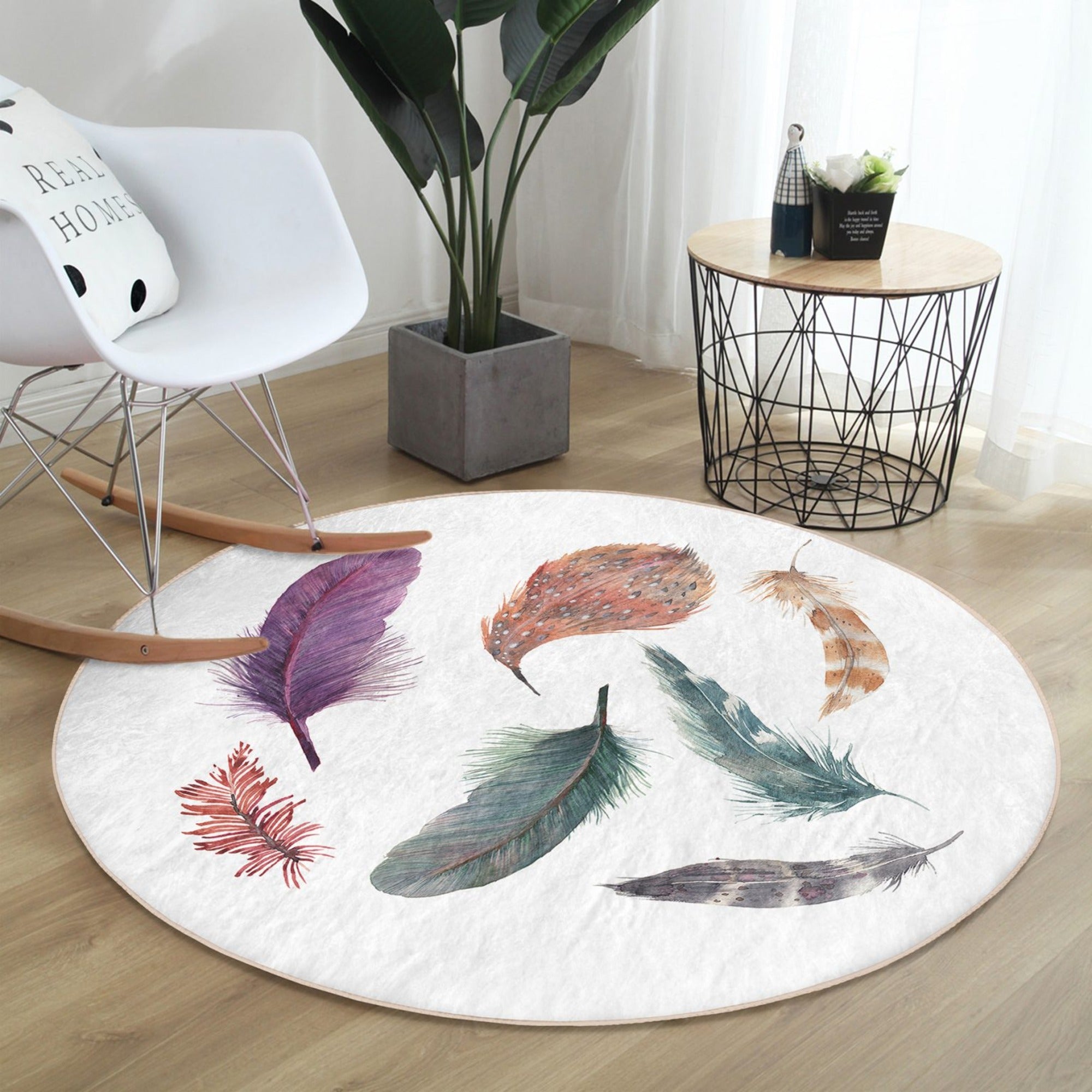 Bird Feather Modern Home Rug featuring vibrant colors and soft velvet fabric, ideal for home decor.