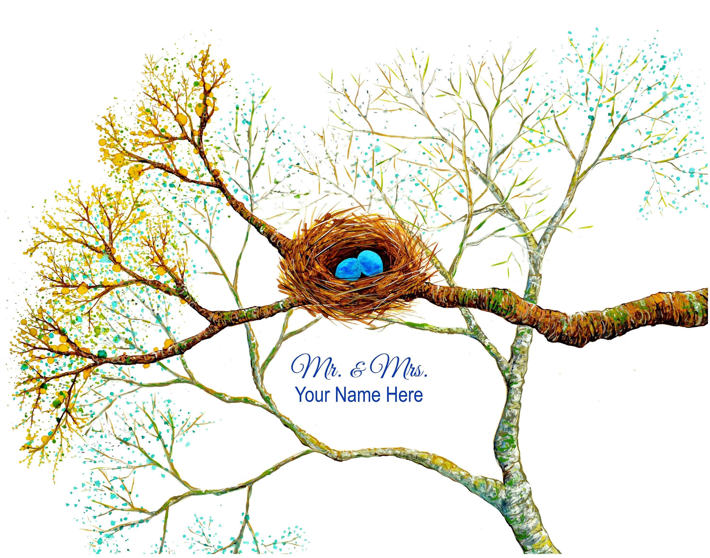 A beautifully designed 11" x 14" personalized print featuring a Bluebird nest, customizable with names and wedding dates.