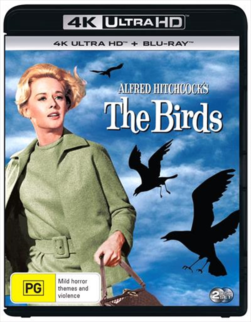 Blu-ray + UHD edition of 'Birds' featuring a striking cover design with birds in flight and a suspenseful atmosphere.