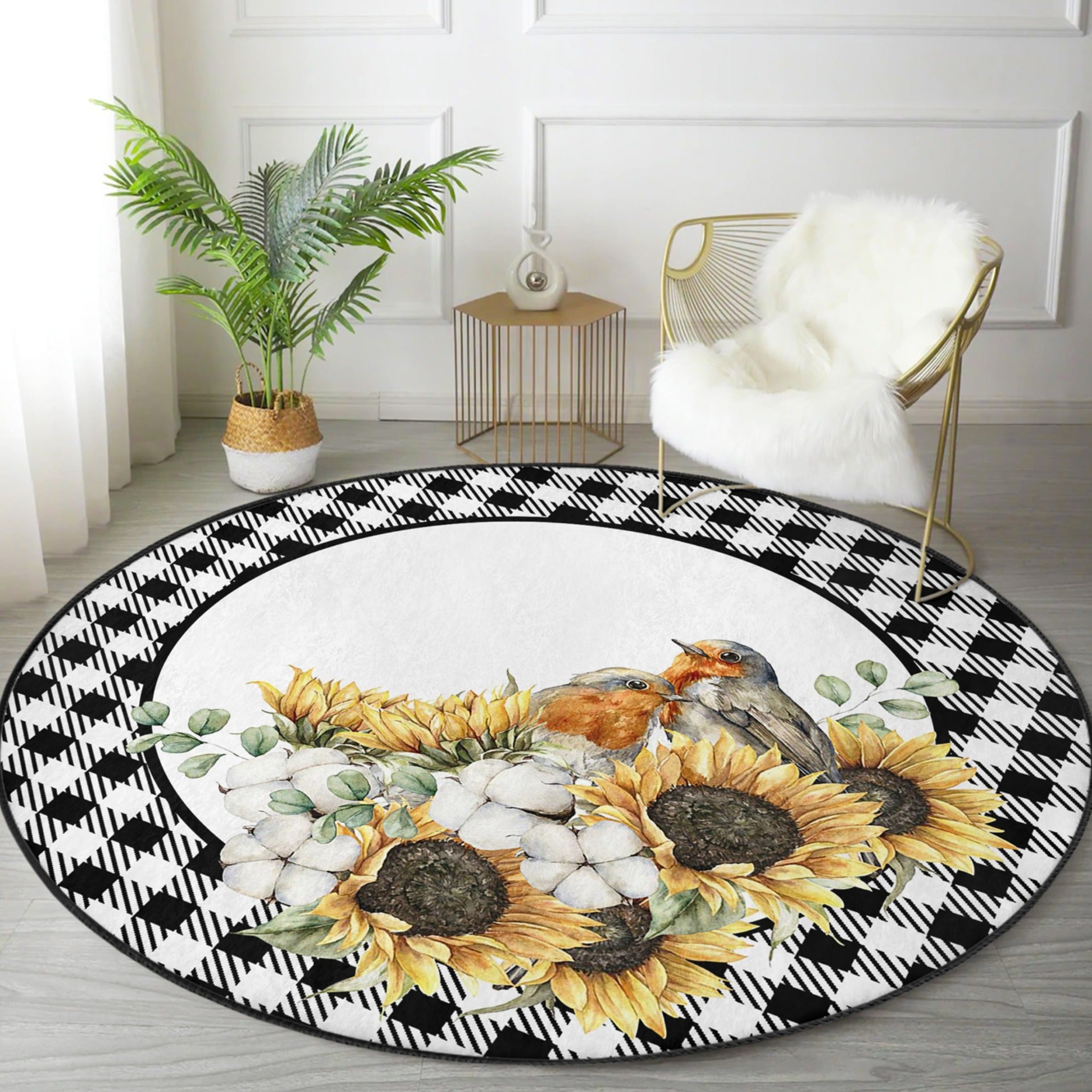 A round rug featuring vibrant sunflowers and birds, perfect for fall home decor, showcasing a beautiful autumn design.