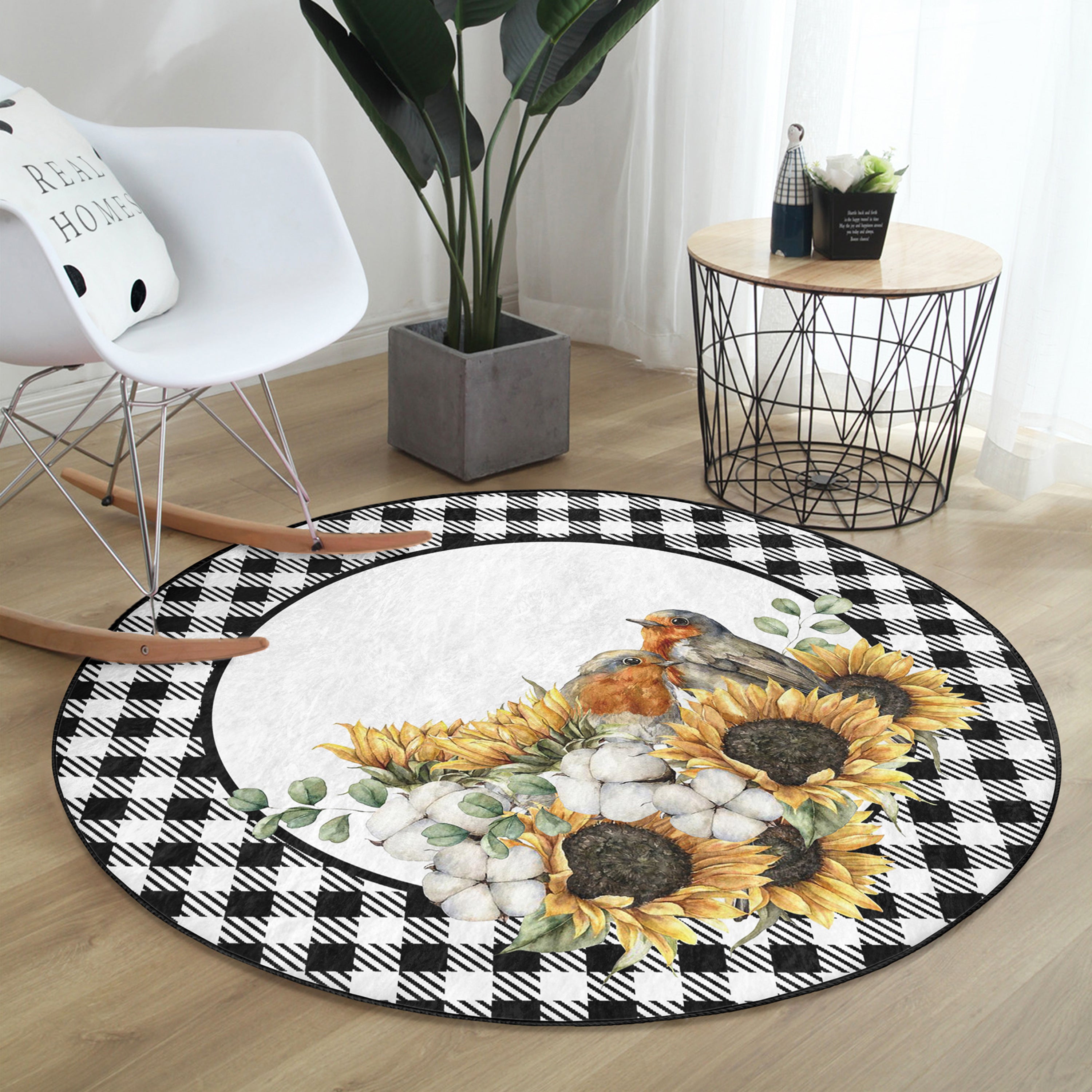 A round rug featuring vibrant sunflowers and birds, perfect for fall home decor, showcasing a beautiful autumn design.