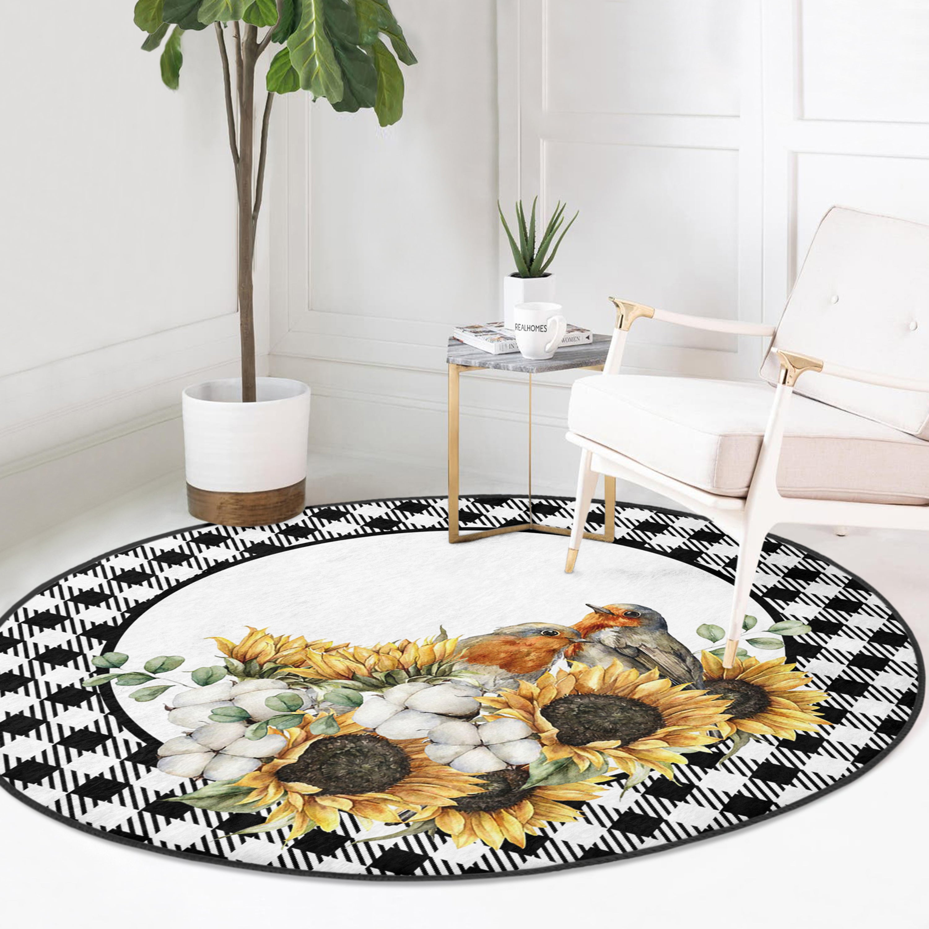 A round rug featuring vibrant sunflowers and birds, perfect for fall home decor, showcasing a beautiful autumn design.