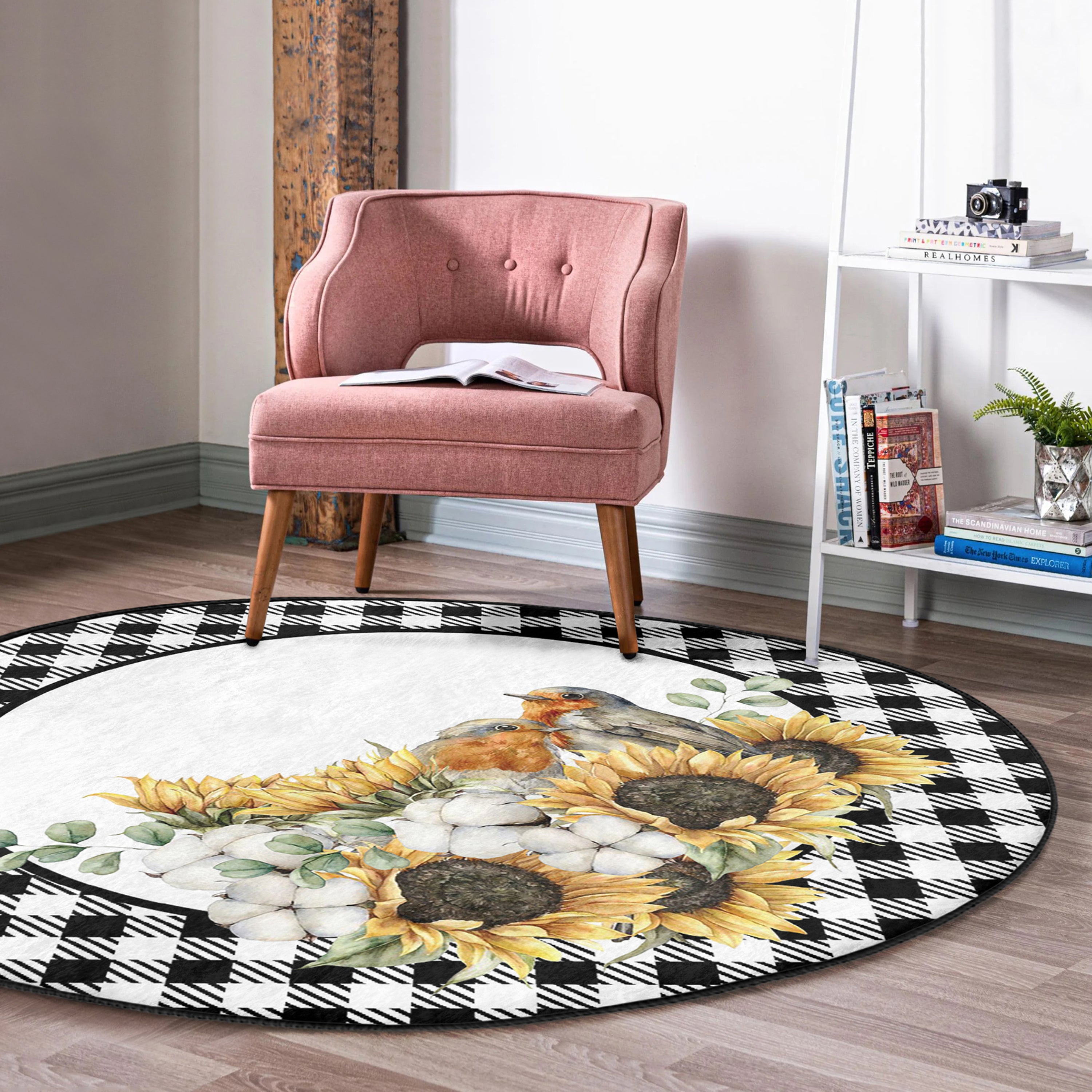 A round rug featuring vibrant sunflowers and birds, perfect for fall home decor, showcasing a beautiful autumn design.