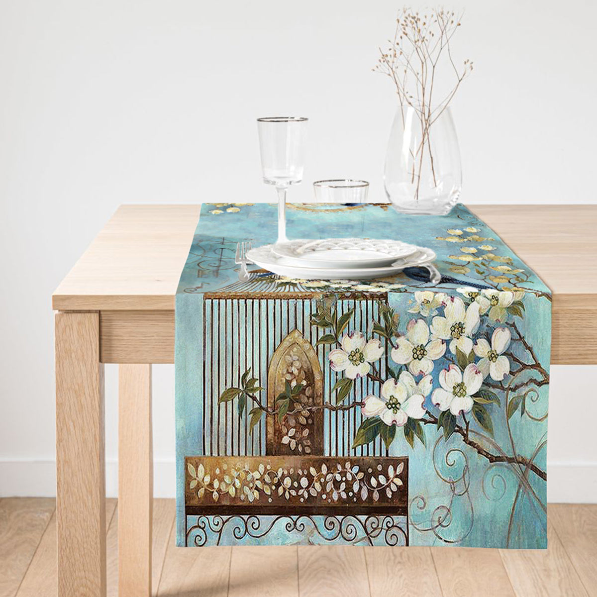 A beautifully designed Birds Pattern Decorative Table Runner featuring vibrant 3D bird prints, suitable for both indoor and outdoor use.