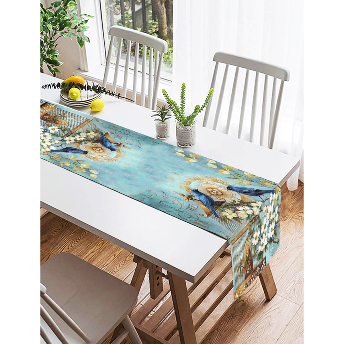 A beautifully designed Birds Pattern Decorative Table Runner featuring vibrant 3D bird prints, suitable for both indoor and outdoor use.