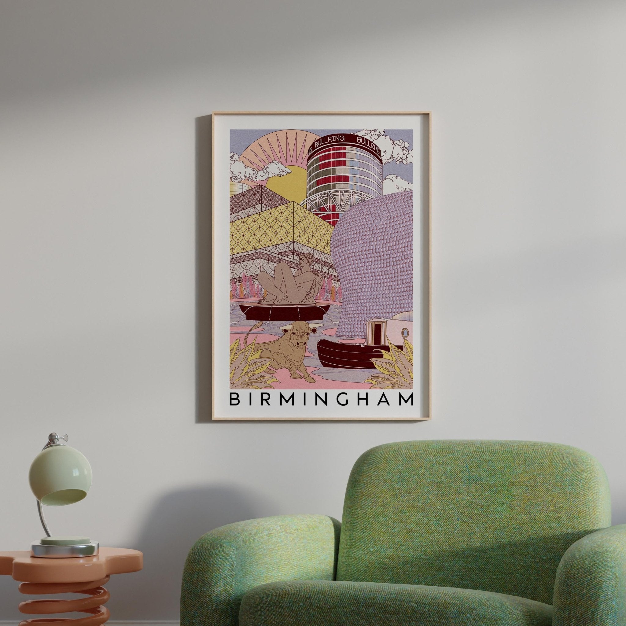 Birmingham Skyline Art Print featuring iconic landmarks like the Floozie in the Jacuzzi and Selfridges building, beautifully illustrated.