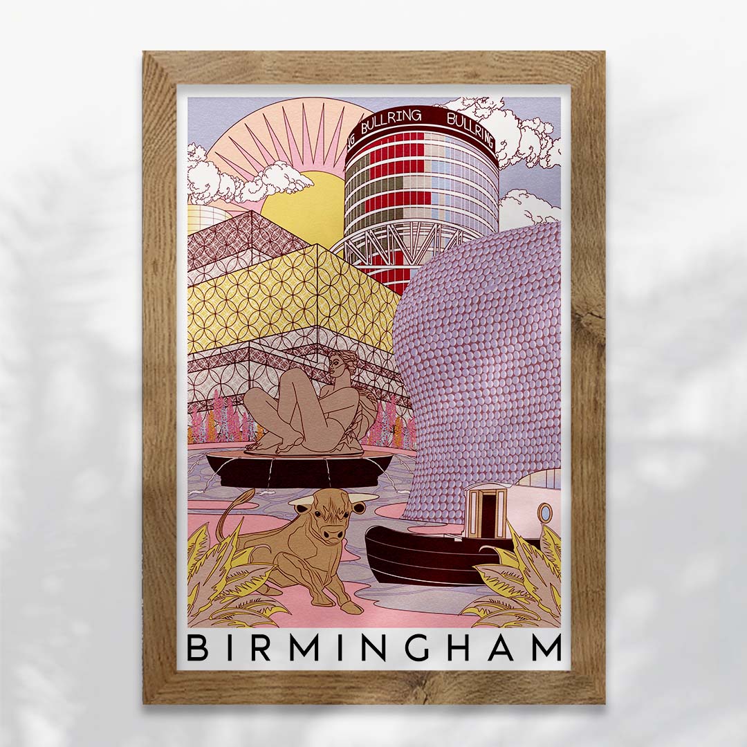 Birmingham Skyline Art Print featuring iconic landmarks like the Floozie in the Jacuzzi and Selfridges building, beautifully illustrated.