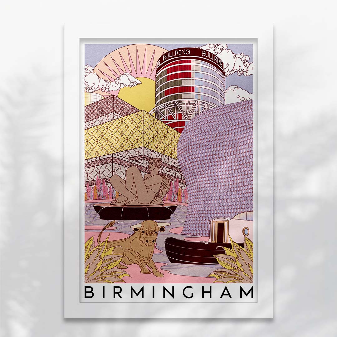 Birmingham Skyline Art Print featuring iconic landmarks like the Floozie in the Jacuzzi and Selfridges building, beautifully illustrated.