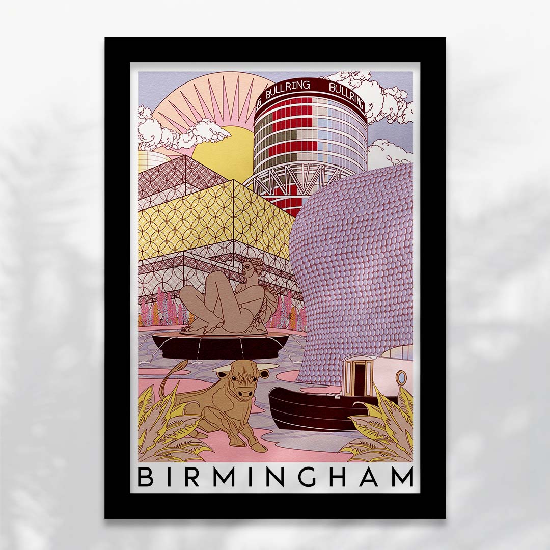 Birmingham Skyline Art Print featuring iconic landmarks like the Floozie in the Jacuzzi and Selfridges building, beautifully illustrated.