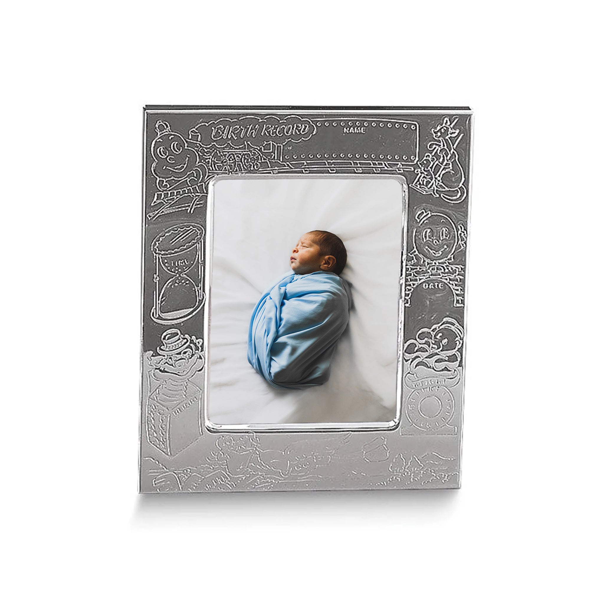 A beautiful Birth Record Frame with a nickel-plated border, featuring adorable embossed images and engraving areas for baby's birth details.