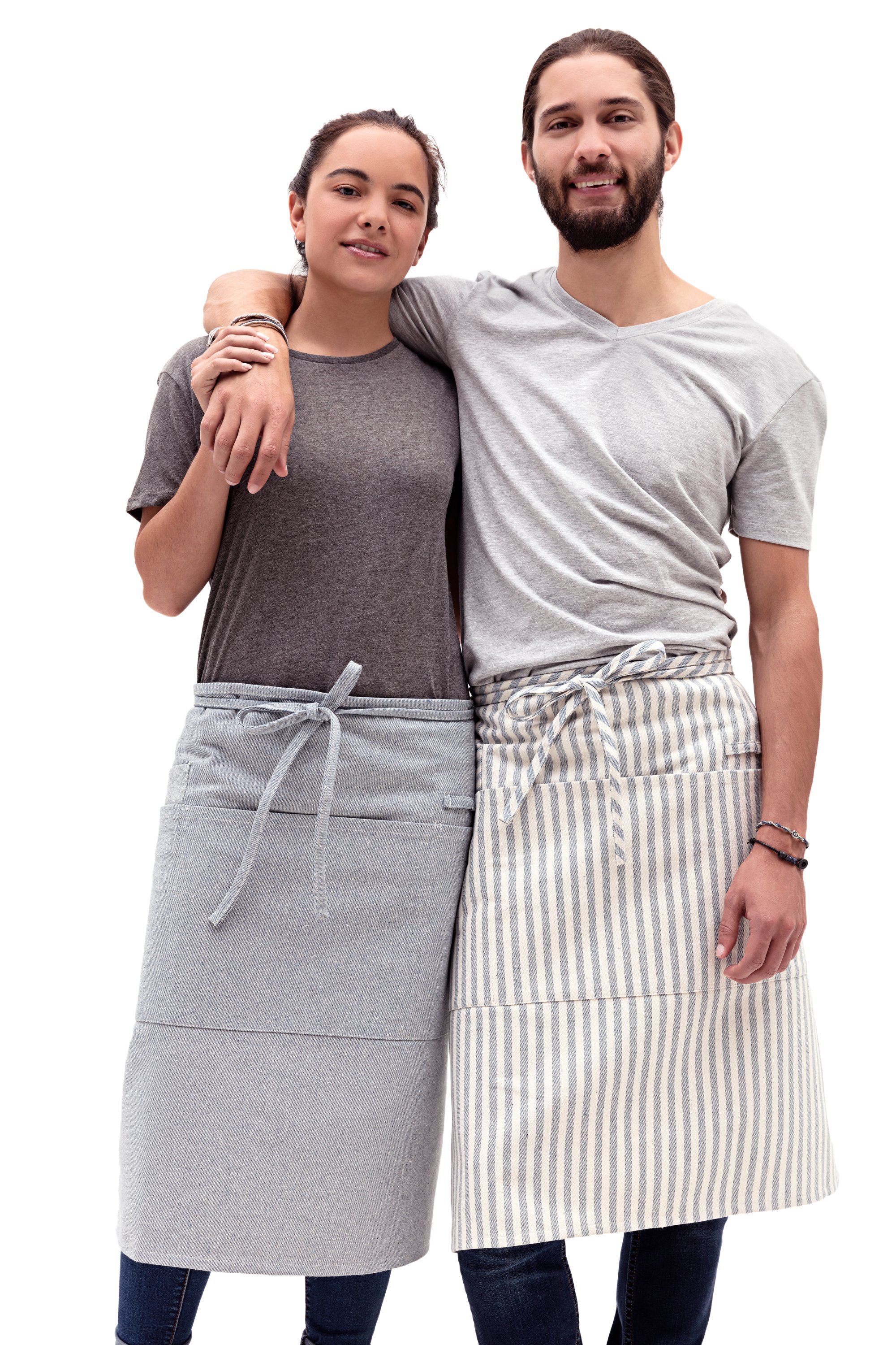 A stylish Bistro Apron featuring three large pockets, a small pocket, and a utility loop, made from 100% cotton with an eco-friendly design.