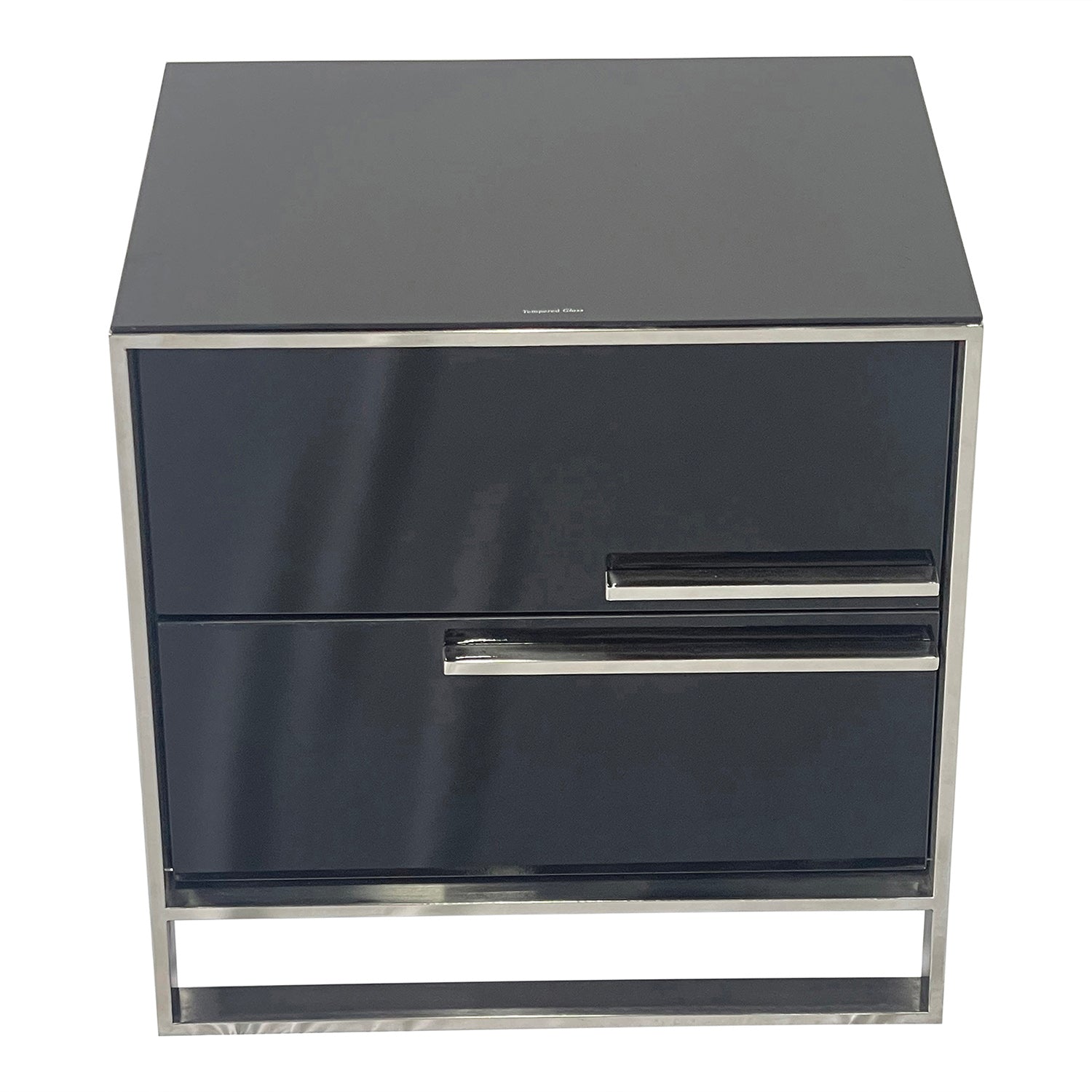 Elegant Black and Silver End Table with two drawers and a shiny metal frame, perfect for modern interiors.