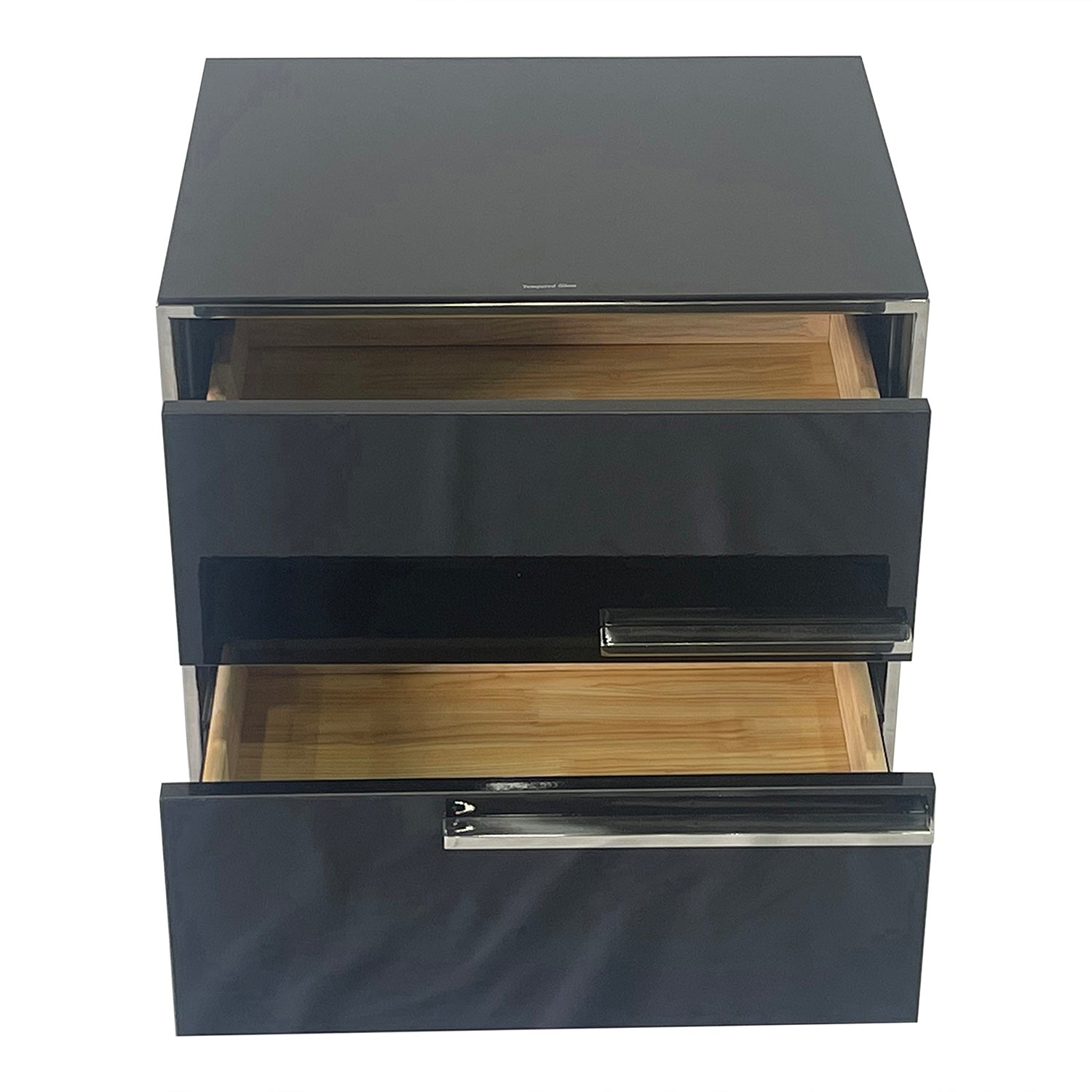 Elegant Black and Silver End Table with two drawers and a shiny metal frame, perfect for modern interiors.