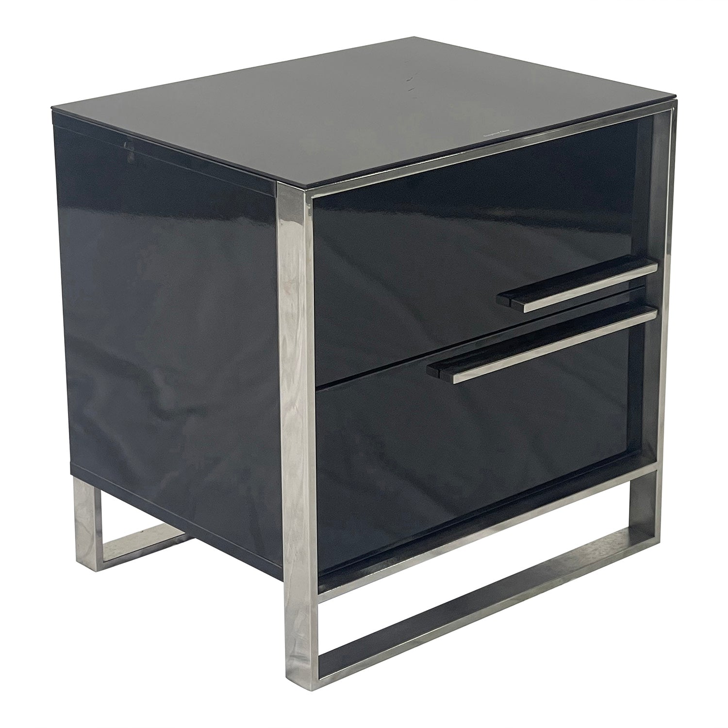 Elegant Black and Silver End Table with two drawers and a shiny metal frame, perfect for modern interiors.