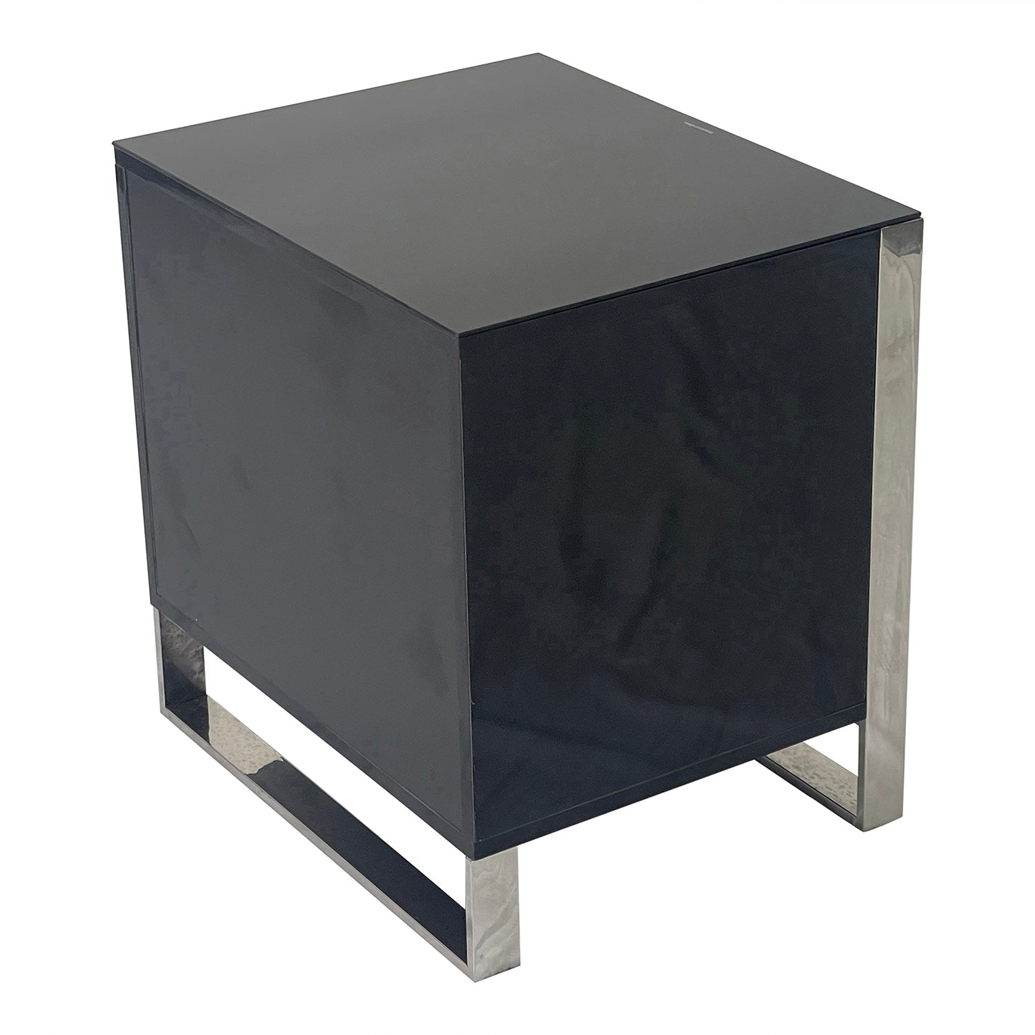 Elegant Black and Silver End Table with two drawers and a shiny metal frame, perfect for modern interiors.