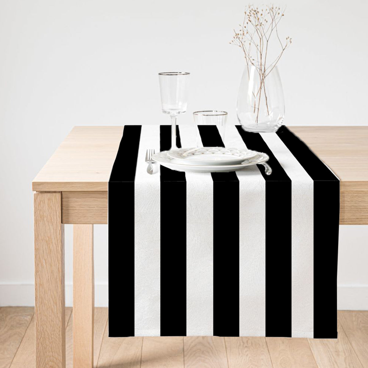 Elegant black and white table runner with vivid 3D digital print, made from polyester and cotton, suitable for indoor and outdoor use.