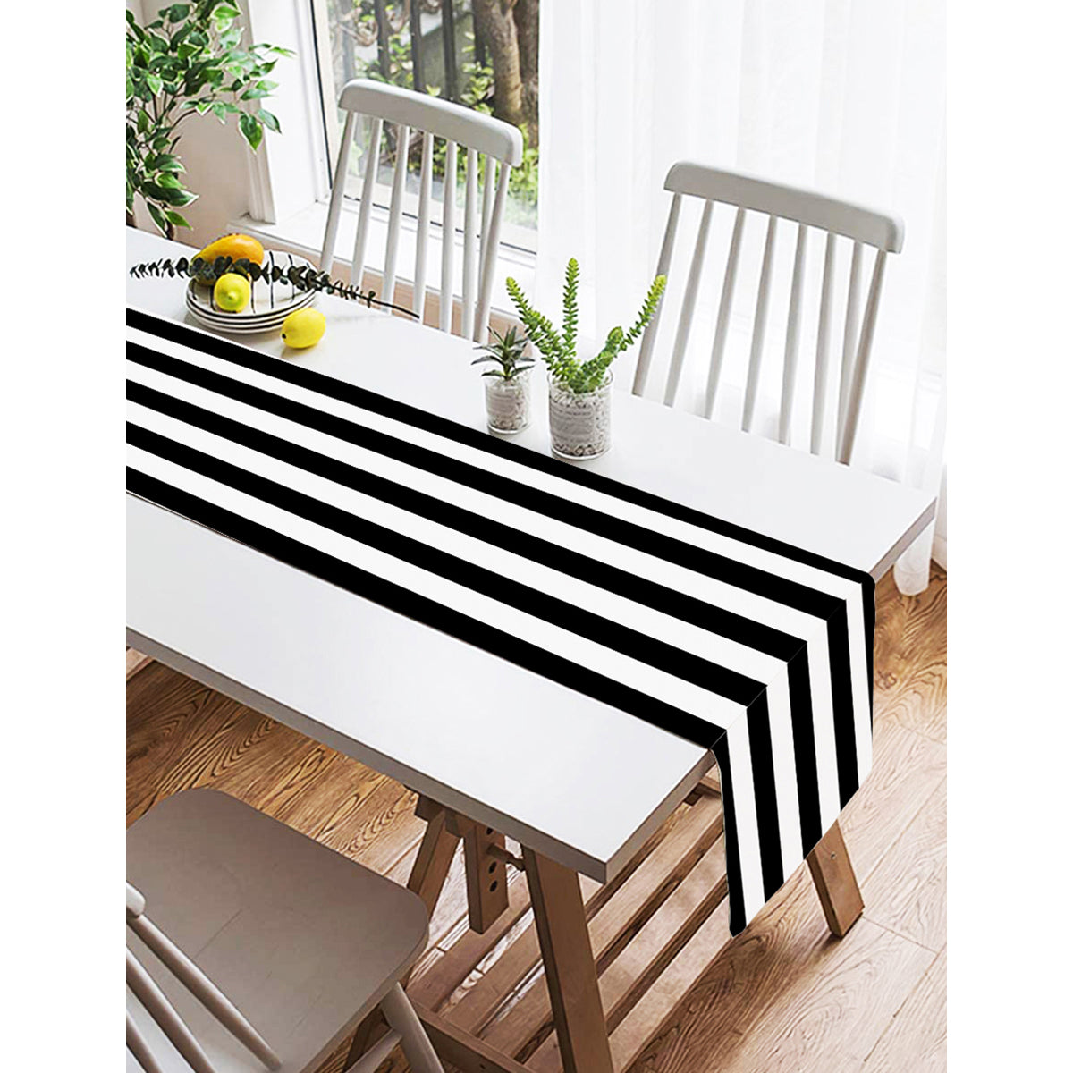 Elegant black and white table runner with vivid 3D digital print, made from polyester and cotton, suitable for indoor and outdoor use.