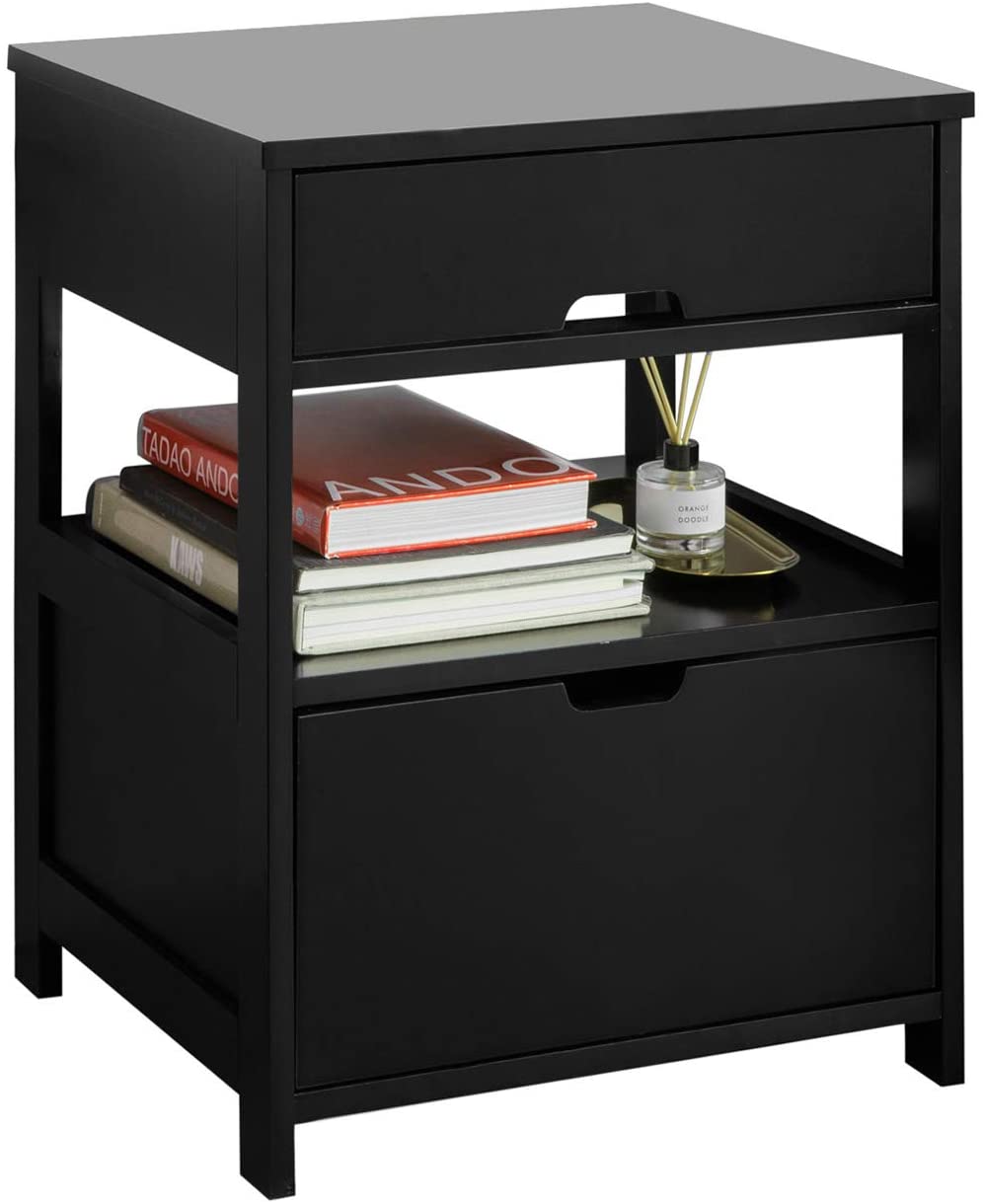 Black bedside table featuring two drawers and a shelf, designed for modern decor.