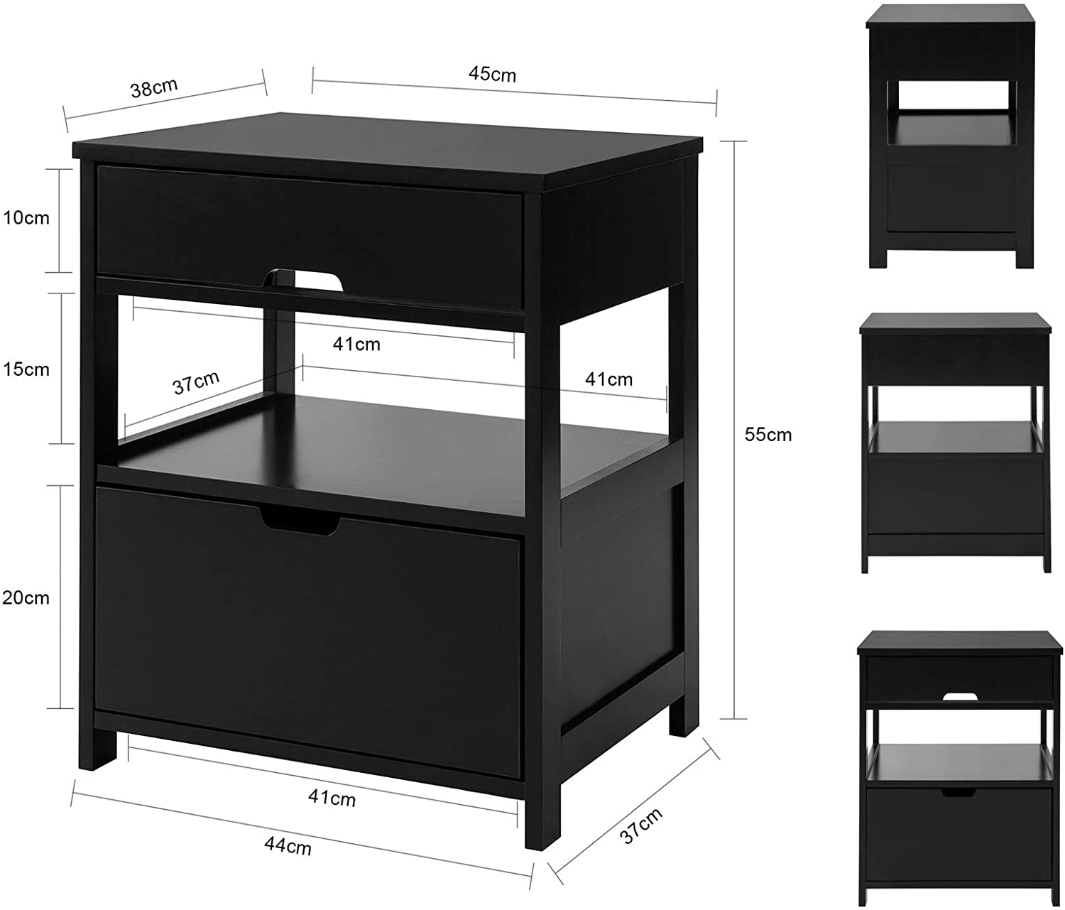 Black bedside table featuring two drawers and a shelf, designed for modern decor.