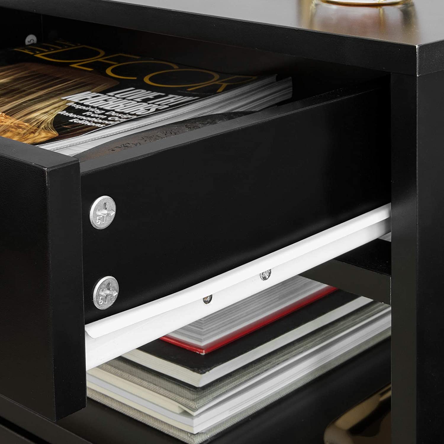 Black bedside table featuring two drawers and a shelf, designed for modern decor.