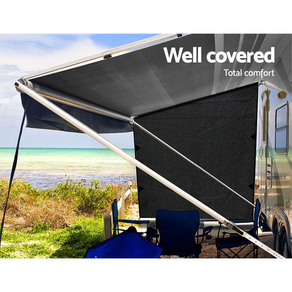 Black Caravan Privacy Screen 1.95 x 2.2M, showcasing its durable fabric and stainless steel D-ring attachments, ideal for outdoor privacy.