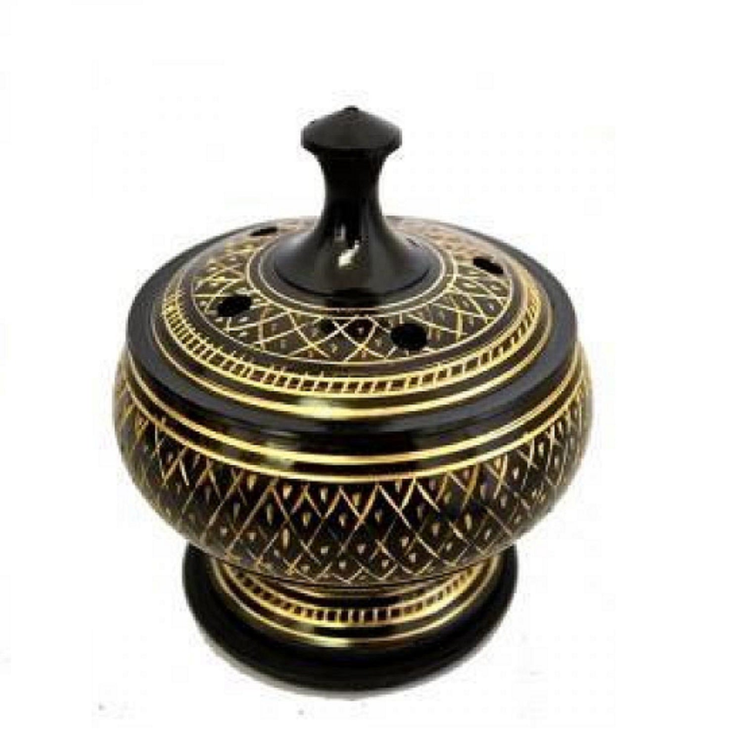 A beautifully designed black and gold brass incense burner with a removable lid and net, accompanied by a wooden coaster.