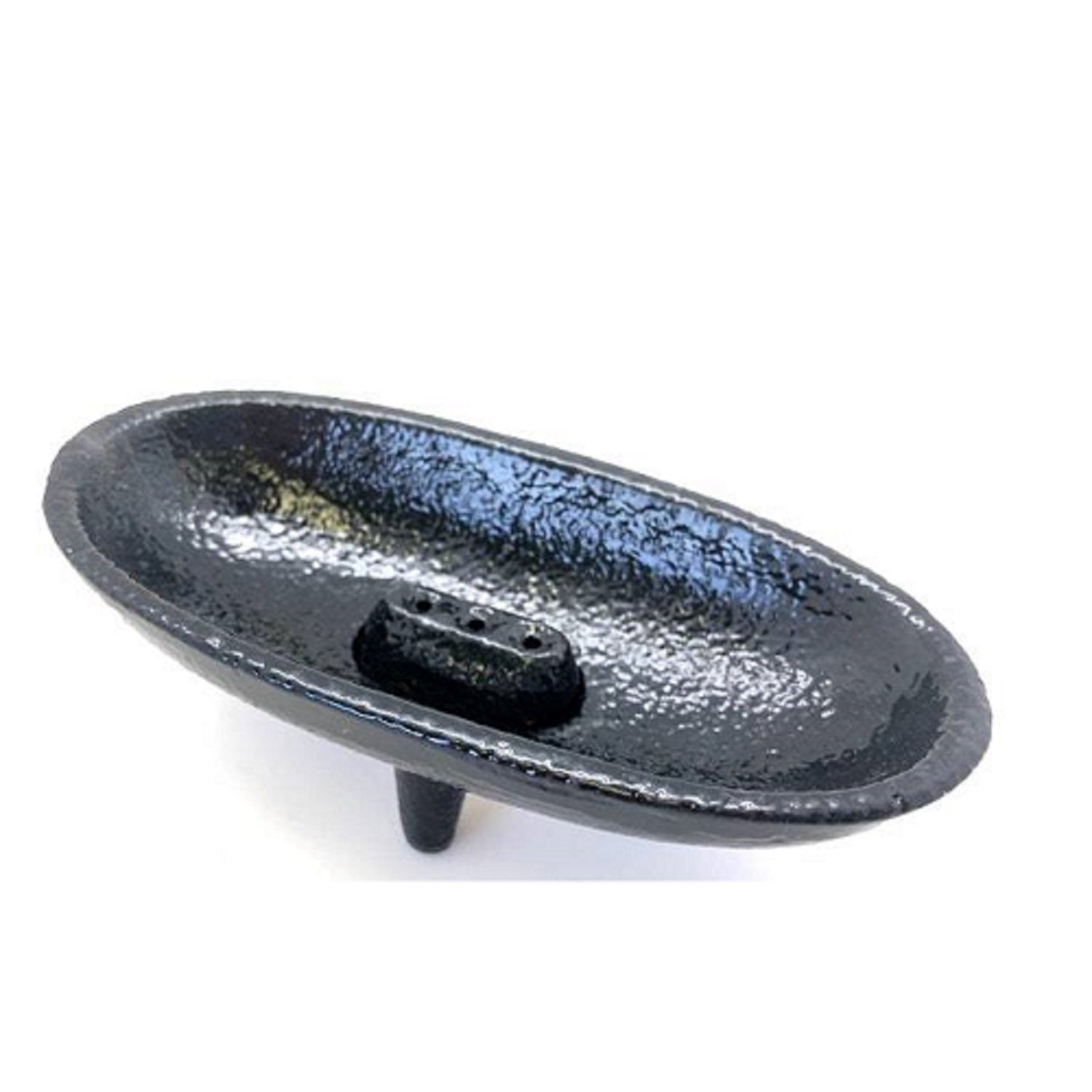 Black cast iron canoe-shaped incense smudge pot with removable holder for incense sticks and cones.