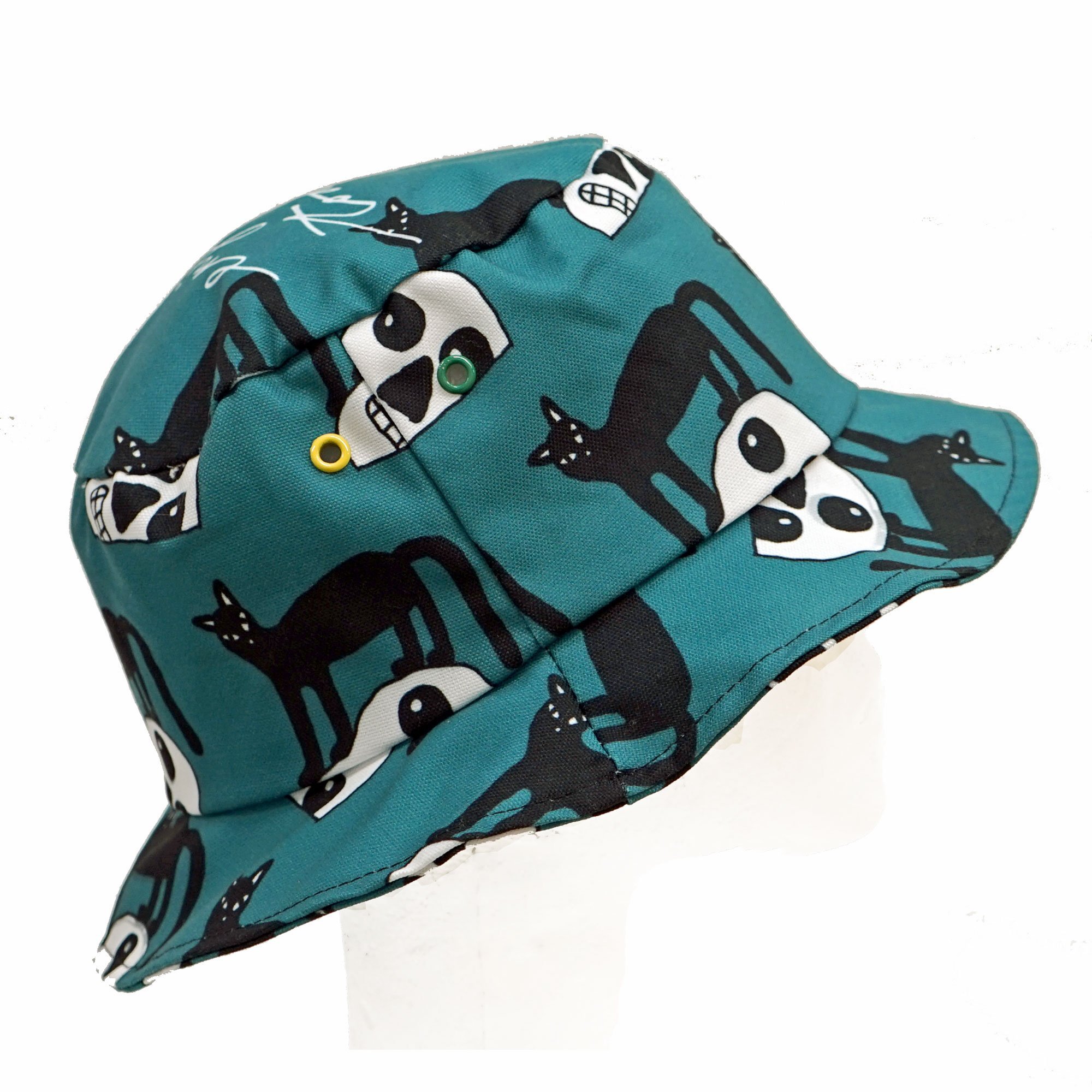 A stylish teal bucket hat featuring a playful black cat design, perfect for casual outings.