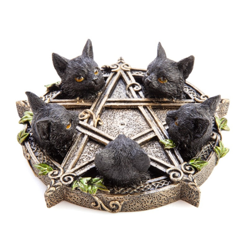 Black Cat Pentacle Incense Burner featuring five black cat heads and green leaf motifs, designed for incense sticks.