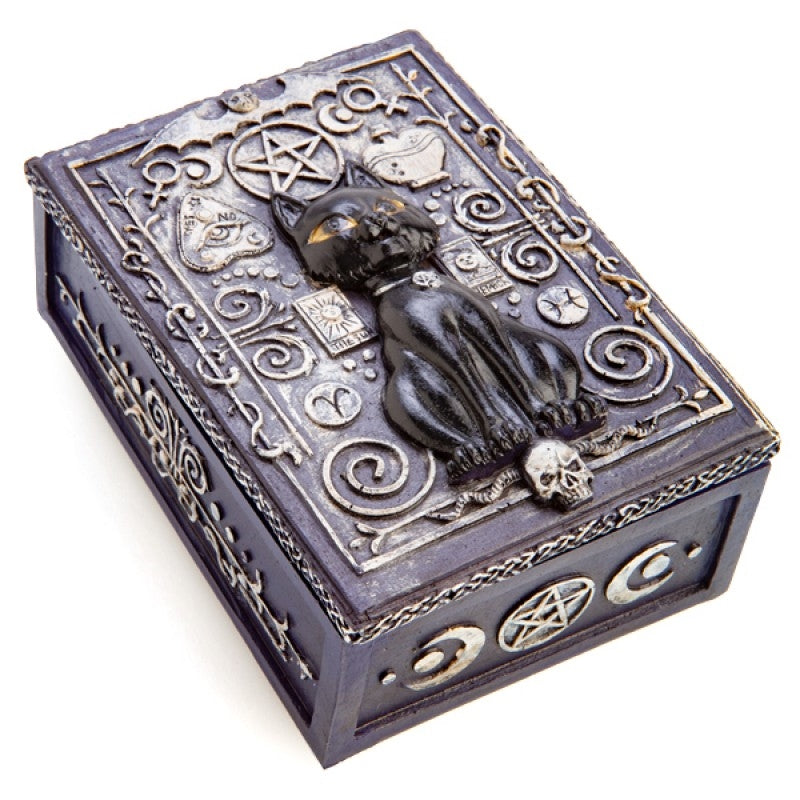 Midnight blue tarot box featuring a whimsical black cat design, perfect for storing tarot cards.