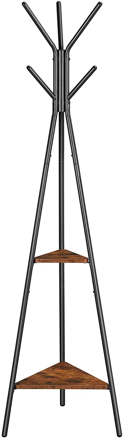 Black coat rack stand with industrial design featuring two triangular vintage shelves for added storage, perfect for minimalist home decor.