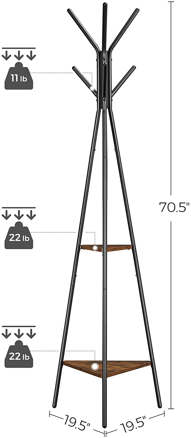 Black coat rack stand with industrial design featuring two triangular vintage shelves for added storage, perfect for minimalist home decor.