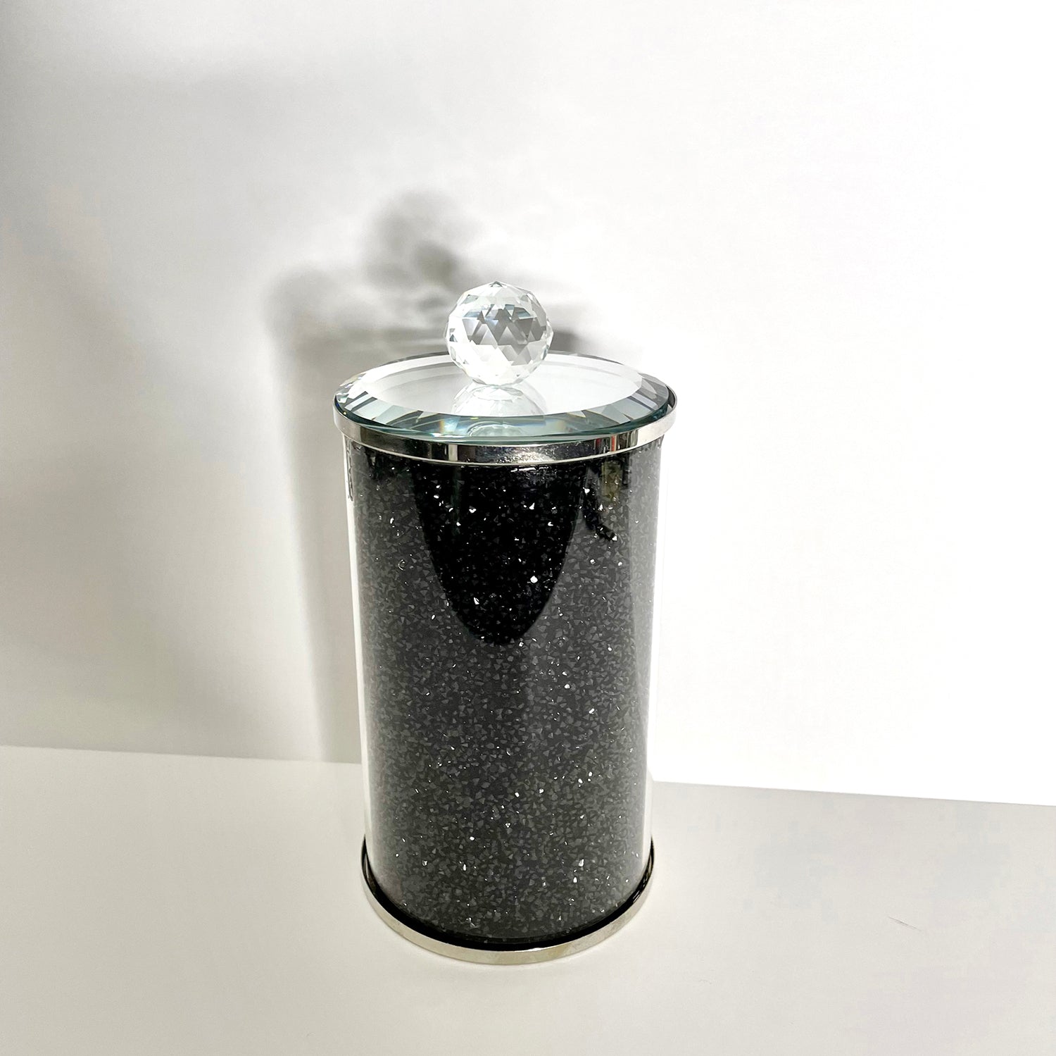 Elegant black crushed diamond glass canister with chrome base and glass lid, beautifully packaged in a gift box.