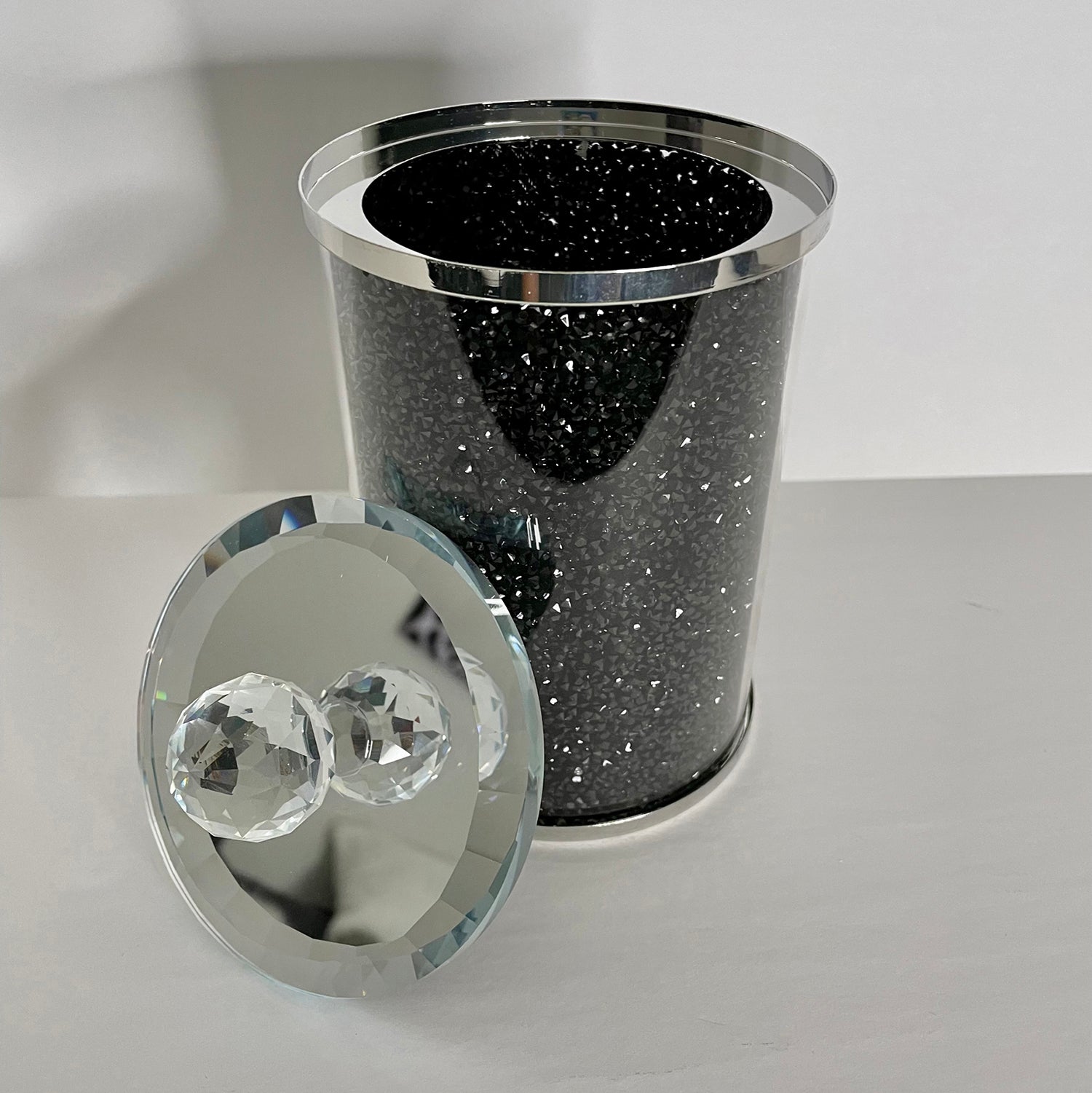 Elegant black crushed diamond glass canister with chrome base and glass lid, beautifully packaged in a gift box.