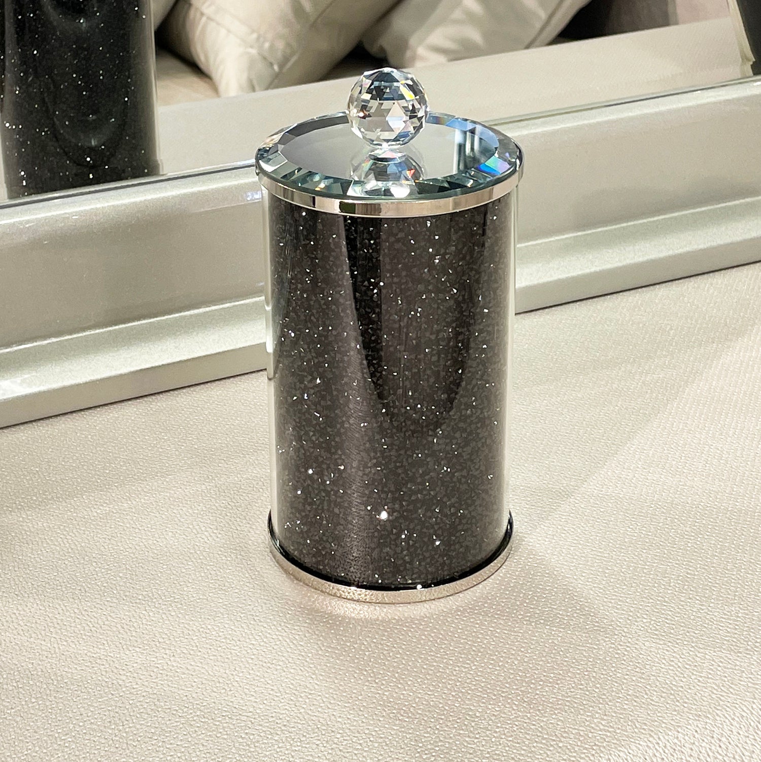 Elegant black crushed diamond glass canister with chrome base and glass lid, beautifully packaged in a gift box.