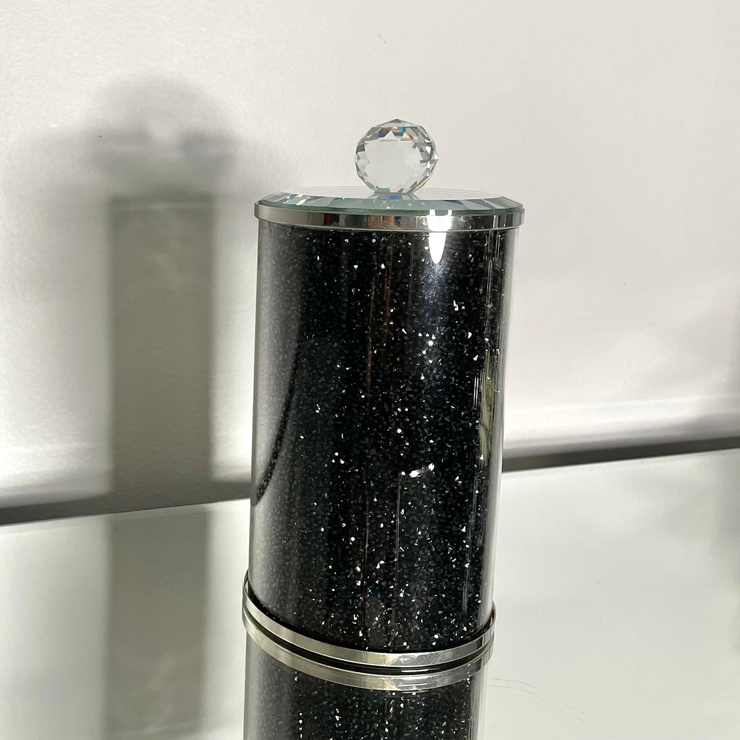 Elegant black crushed diamond glass canister with chrome base and glass lid, beautifully packaged in a gift box.