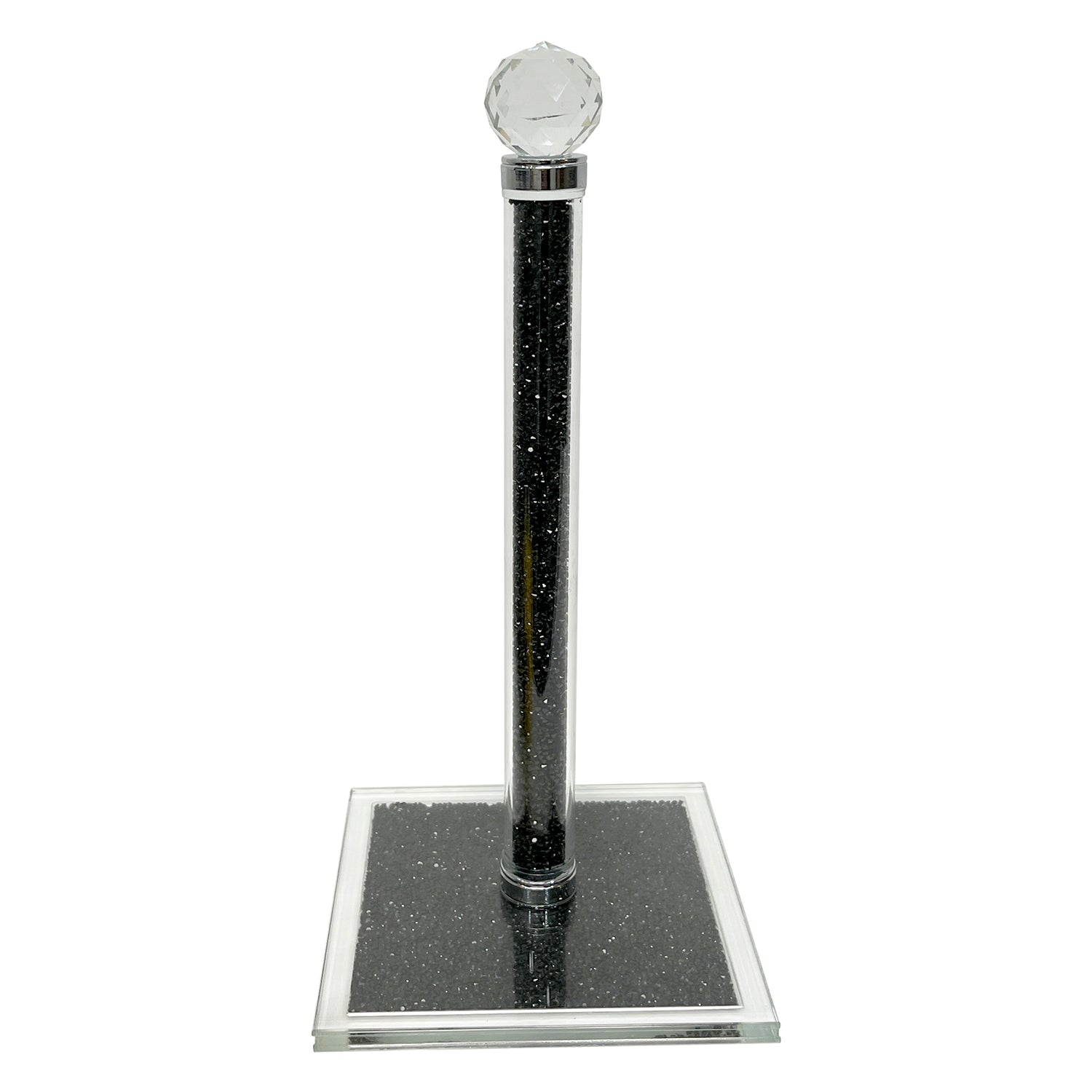 Black Crushed Diamond Glass Paper Towel Holder with chrome base in an elegant gift box, showcasing its modern design and sparkling finish.