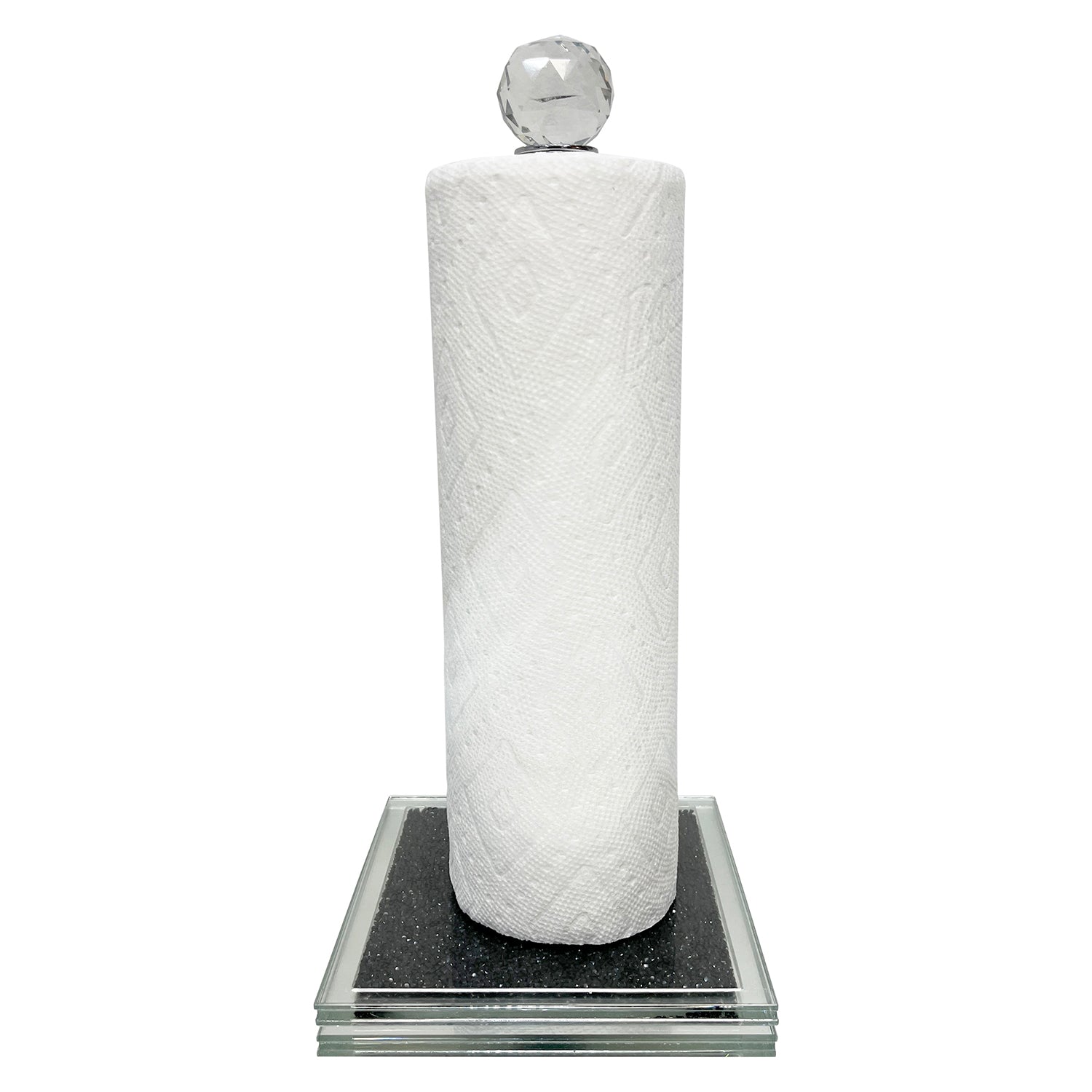 Black Crushed Diamond Glass Paper Towel Holder with chrome base in an elegant gift box, showcasing its modern design and sparkling finish.