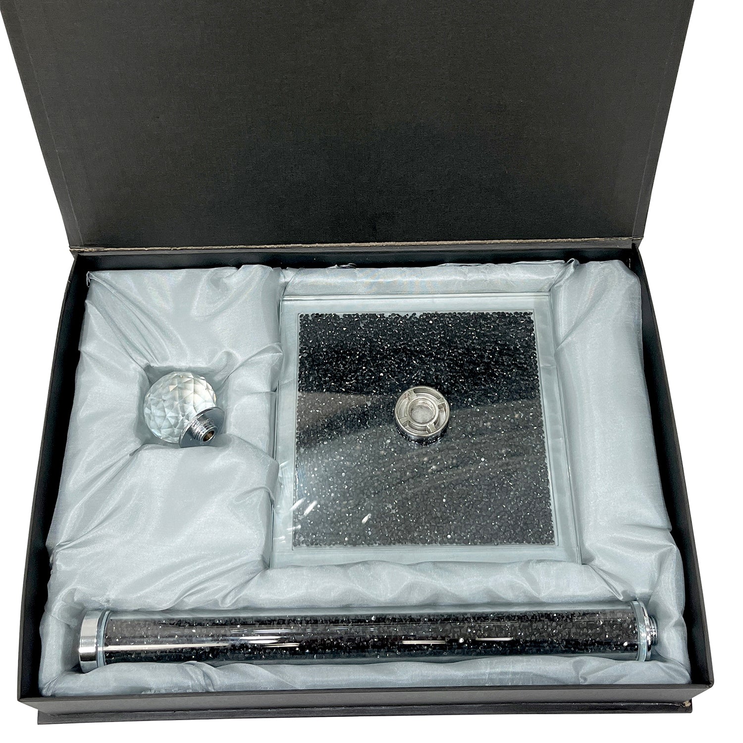 Black Crushed Diamond Glass Paper Towel Holder with chrome base in an elegant gift box, showcasing its modern design and sparkling finish.