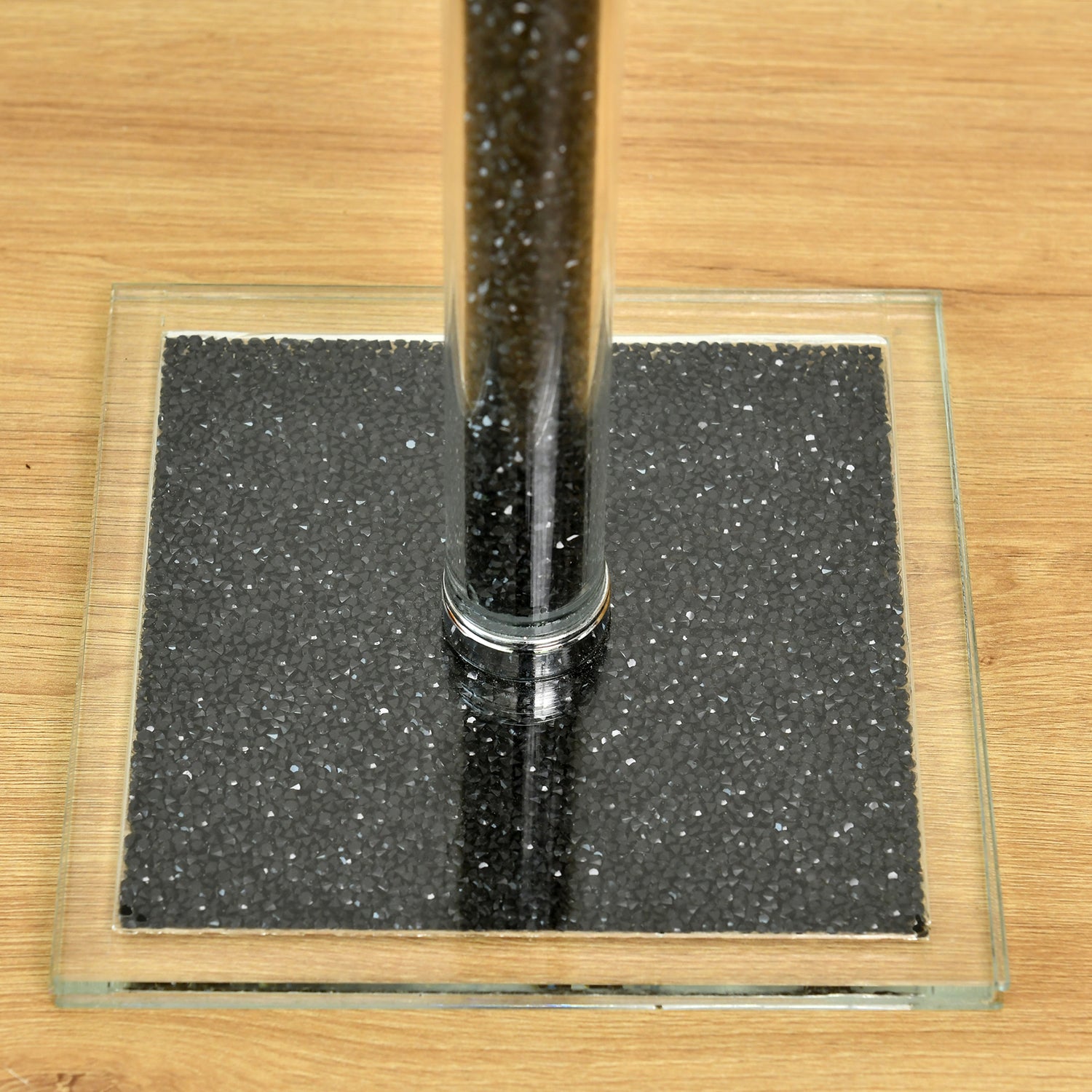 Black Crushed Diamond Glass Paper Towel Holder with chrome base in an elegant gift box, showcasing its modern design and sparkling finish.