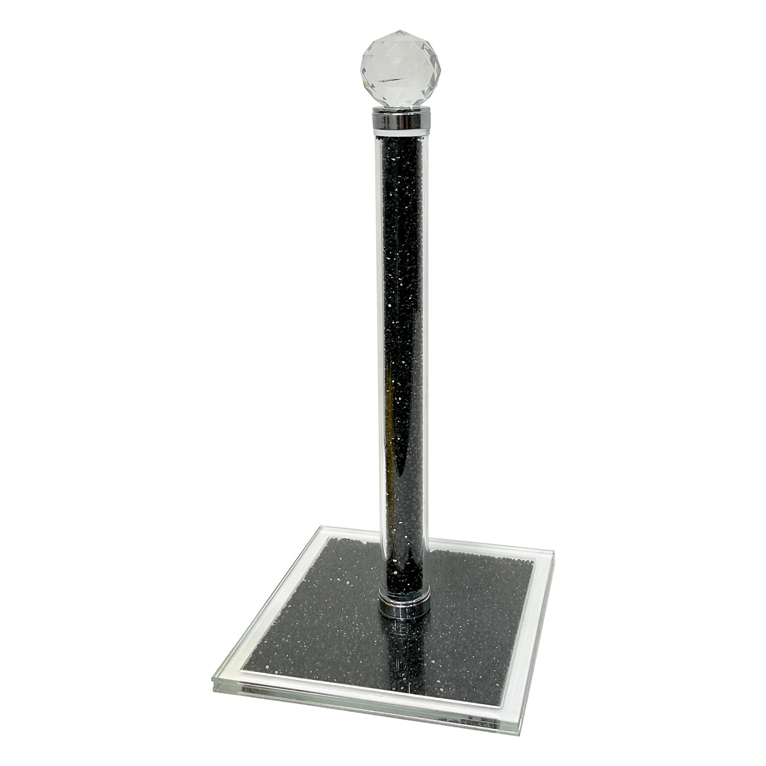 Black Crushed Diamond Glass Paper Towel Holder with chrome base in an elegant gift box, showcasing its modern design and sparkling finish.